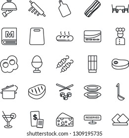 Thin Line Icon Set - cook vector, menu, reserved, drink, cocktail, plates, bacon, waiter, egg stand, bread, cafe table, credit card, restaurant receipt, steak, kebab, ladle, rolling pin, sushi