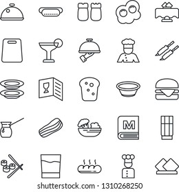 Thin Line Icon Set - cook vector, dish, restaurant table, wine card, menu, drink, cocktail, salad, plates, bacon, waiter, salt and pepper, bread, kebab, hamburger, hot dog, bowl, cutting board