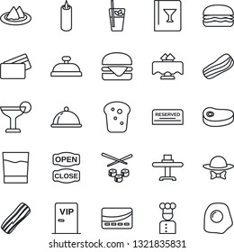 Thin Line Icon Set - cook vector, dish, restaurant table, serviette, wine card, reserved, reception, drink, cocktail, phyto bar, bacon, bread, candle, vip zone, dress code, open close, credit, steak