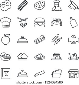 Thin Line Icon Set - cook vector, restaurant table, serviette, hat, wine card, reception, salad, bacon, cafe building, vip zone, chicken, steak, kebab, hamburger, rolling pin, cutting board, knife