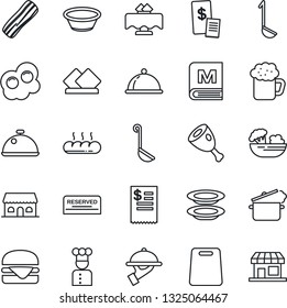 Thin Line Icon Set - cook vector, dish, restaurant table, menu, reserved, beer, salad, plates, bacon, waiter, bread, cafe building, receipt, ham, hamburger, ladle, bowl, cutting board, steaming pan