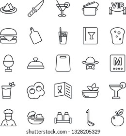 Thin Line Icon Set - cook vector, serviette, wine card, menu, reception, cocktail, phyto bar, salad, egg stand, salt and pepper, bread, vip zone, dress code, hamburger, ladle, cutting board, knife