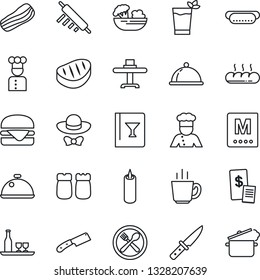 Thin Line Icon Set - cook vector, dish, alcohol, restaurant table, cafe, wine card, menu, phyto bar, coffee, salad, bacon, salt and pepper, bread, candle, dress code, receipt, steak, hamburger