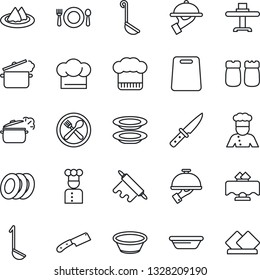 Thin Line Icon Set - cook vector, restaurant table, serviette, cafe, hat, plates, waiter, salt and pepper, ladle, bowl, rolling pin, cutting board, knife, steaming pan