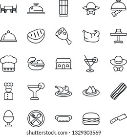 Thin Line Icon Set - cook vector, dish, restaurant table, serviette, cafe, hat, reception, drink, cocktail, salad, bacon, waiter, egg stand, building, dress code, chicken, steak, ham, hamburger