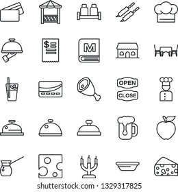 Thin Line Icon Set - cook vector, dish, hat, menu, reception, phyto bar, beer, waiter, salt and pepper, cafe building, candle, table, open close, alcove, credit card, restaurant receipt, kebab, ham