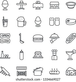 Thin Line Icon Set - cook vector, alcohol, restaurant table, cocktail, phyto bar, beer, waiter, egg stand, salt and pepper, bread, cafe building, candle, open close, alcove, steak, hamburger, ladle