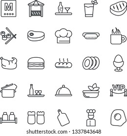 Thin Line Icon Set - cook vector, dish, alcohol, hat, menu, phyto bar, coffee, salad, plates, egg stand, salt and pepper, bread, vip zone, alcove, chicken, steak, hamburger, hot dog, cutting board