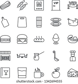 Thin Line Icon Set - cook vector, wine card, menu, drink, coffee, salad, plates, bacon, egg stand, bread, cafe table, vip zone, alcove, chicken, kebab, hamburger, ladle, cutting board, turkish