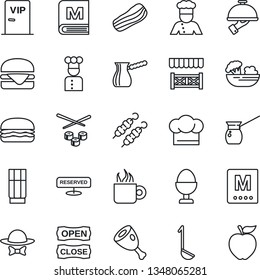Thin Line Icon Set - cook vector, hat, menu, reserved, drink, coffee, salad, bacon, waiter, egg stand, vip zone, dress code, open close, alcove, kebab, ham, hamburger, ladle, turkish, sushi