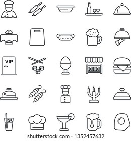 Thin Line Icon Set - cook vector, dish, alcohol, restaurant table, hat, reception, cocktail, phyto bar, beer, waiter, egg stand, candle, vip zone, alcove, kebab, hamburger, hot dog, bowl, sushi