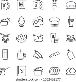 Thin Line Icon Set - cook vector, hat, wine card, menu, drink, phyto bar, coffee, beer, plates, egg stand, restaurant receipt, chicken, steak, hamburger, rolling pin, cutting board, knife, turkish