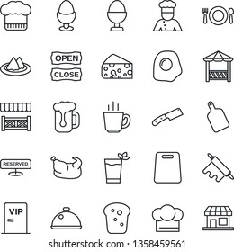 Thin Line Icon Set - cook vector, dish, serviette, cafe, hat, reserved, phyto bar, coffee, beer, egg stand, bread, vip zone, open close, alcove, chicken, rolling pin, cutting board, knife, omelette