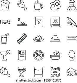 Thin Line Icon Set - cook vector, alcohol, serviette, cafe, wine card, menu, reserved, reception, drink, cocktail, phyto bar, coffee, salad, bacon, egg stand, bread, table, open close, ham, omelette