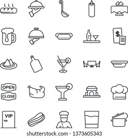 Thin Line Icon Set - cook vector, alcohol, restaurant table, serviette, hat, drink, cocktail, beer, bacon, waiter, bread, cafe building, candle, vip zone, open close, receipt, chicken, hot dog, bowl