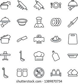 Thin Line Icon Set - cook vector, restaurant table, serviette, cafe, hat, plates, waiter, salt and pepper, ladle, bowl, rolling pin, cutting board, knife, steaming pan