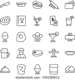 Thin Line Icon Set - cook vector, dish, restaurant table, wine card, drink, cocktail, phyto bar, beer, salad, egg stand, bread, dress code, credit, receipt, steak, hot dog, bowl, rolling pin, knife