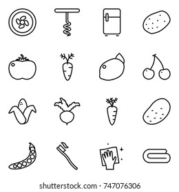 thin line icon set : cooler fan, corkscrew, fridge, potato, tomato, carrot, lemon, cherry, corn, beet, peas, tooth brush, wiping, towel