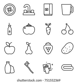 thin line icon set : cooler fan, water tap, fridge, cup, vegetable oil, tomato, carrot, cherry, apple, pear, strawberry, potato, shampoo, tooth brush, wiping, towel