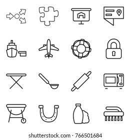 Thin line icon set : core splitting, puzzle, presentation, location details, port, airplane, lifebuoy, locked, iron board, ladle, rolling pin, microwave oven, bbq, horseshoe, shampoo, brush