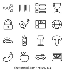 Thin line icon set : core splitting, bar code, list, wineglass, lock, route, consolidated cargo, globe, car baggage, do not distrub, floor lamp, mushroom, eggplant, apple, pickup, farm fence
