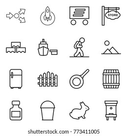 Thin line icon set : core splitting, rocket, delivery, store signboard, block wall, port, tourist, landscape, fridge, fence, pan, barrel, pills bottle, bucket, rabbit, hive