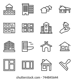 thin line icon set : cottage, houses, house with garage, modular, panel, building, real estate, office, hotel, bungalow, home, window, scraper