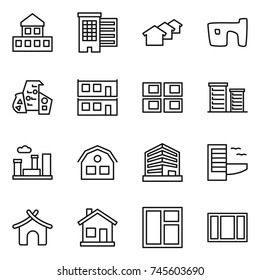 thin line icon set : cottage, houses, slum, modern architecture, modular house, panel, district, city, office, hotel, bungalow, home, window