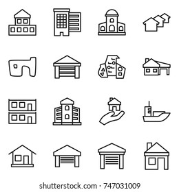 thin line icon set : cottage, houses, mansion, slum, garage, modern architecture, house with, modular, building, real estate, sea shipping, home