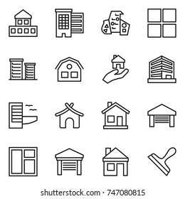 thin line icon set : cottage, houses, modern architecture, window, district, house, real estate, office, hotel, bungalow, home, garage, scraper