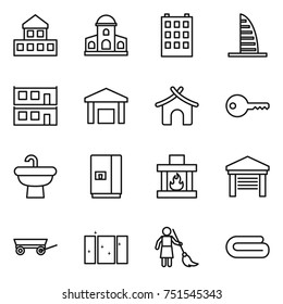 thin line icon set : cottage, mansion, building, skyscraper, modular house, warehouse, bungalow, key, sink, fridge, fireplace, garage, trailer, clean window, brooming, towel