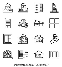 thin line icon set : cottage, mansion, skyscrapers, skyscraper, modern architecture, house with garage, window, building, real estate, office, hotel, home