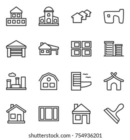 thin line icon set : cottage, mansion, houses, slum, garage, house with, panel, district, city, hotel, bungalow, home, window, scraper