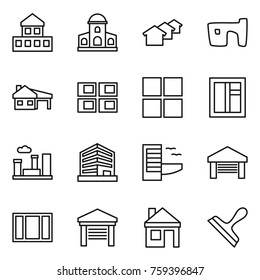 Thin line icon set : cottage, mansion, houses, slum, house with garage, panel, window, city, office, hotel, scraper