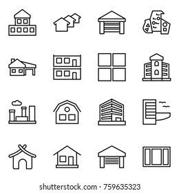 Thin line icon set : cottage, houses, garage, modern architecture, house with, modular, window, building, city, office, hotel, bungalow, home