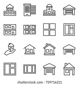 Thin line icon set : cottage, houses, mansion, garage, modular house, panel, window, real estate, home