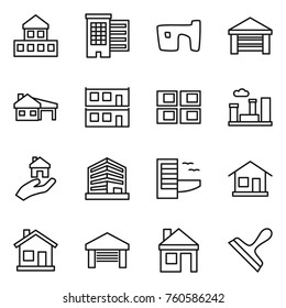 Thin line icon set : cottage, houses, slum, garage, house with, modular, panel, city, real estate, office, hotel, home, scraper