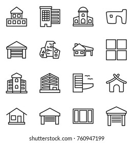 Thin line icon set : cottage, houses, mansion, slum, garage, modern architecture, house with, window, building, office, hotel, bungalow, home