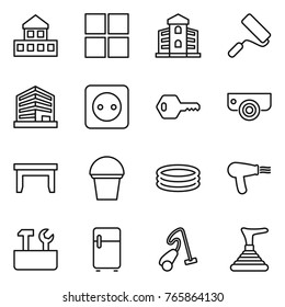 Thin Line Icon Set : Cottage, Window, Building, Repair, Office, Power Socket, Key, Surveillance Camera, Table, Bucket, Inflatable Pool, Hair Dryer, Tools, Fridge, Vacuum Cleaner, Plunger