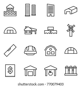 Thin line icon set : cottage, skyscrapers, skyscraper, warehouse, hangare, house with garage, block wall, windmill, level, building helmet, greenhouse, tax, grain elevator
