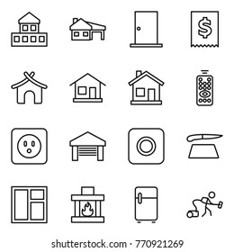 Thin line icon set : cottage, house with garage, door, tax, bungalow, home, remote control, power socket, ring button, cutting board, window, fireplace, fridge, vacuum cleaner