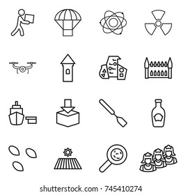 thin line icon set : courier, parachute, atom, nuclear, drone, tower, modern architecture, gothic, port, package, spatula, ketchup, seeds, field, viruses, outsource