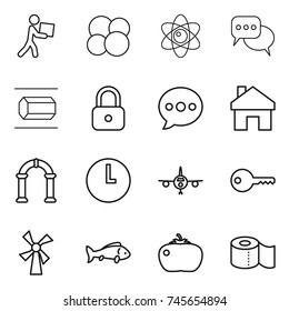 thin line icon set : courier, atom core, discussion, nano tube, lock, balloon, home, arch, clock, plane, key, windmill, fish, tomato, toilet paper