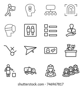 thin line icon set : courier, bulb head, structure, fingerprint, virtual mask, wc, list, client, do not trolley sign, deltaplane, check in, inspector, garbage bin, home call cleaning, cleaner