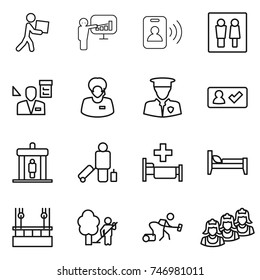 thin line icon set : courier, presentation, pass card, wc, architector, support manager, security man, check in, detector, passenger, hospital, bed, skysrcapers cleaning, garden, vacuum cleaner