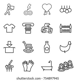 thin line icon set : courier, infinity power, cardio chip, sale, t shirt, column, modern architecture, gothic, package, rocking chair, ketchup, chicken, vacuum cleaner, gloves, bath, outsource