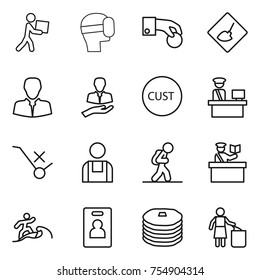 thin line icon set : courier, virtual mask, hand coin, under construction, client, customs, control, do not trolley sign, workman, tourist, inspector, surfer, identity card, pancakes, garbage bin