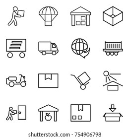 thin line icon set : courier, parachute, warehouse, box, delivery, truck shipping, scooter, package, trolley, sun protection
