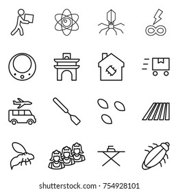 thin line icon set : courier, atom, virus, infinity power, necklace, arch, smart house, fast deliver, transfer, spatula, seeds, field, wasp, outsource, iron board, bug