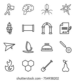 thin line icon set : courier, brain, virus, bang, spark plug, fence, arch, inventory, deltaplane, windsurfing, service bell, skimmer, fire, honeycombs, shovel, pear